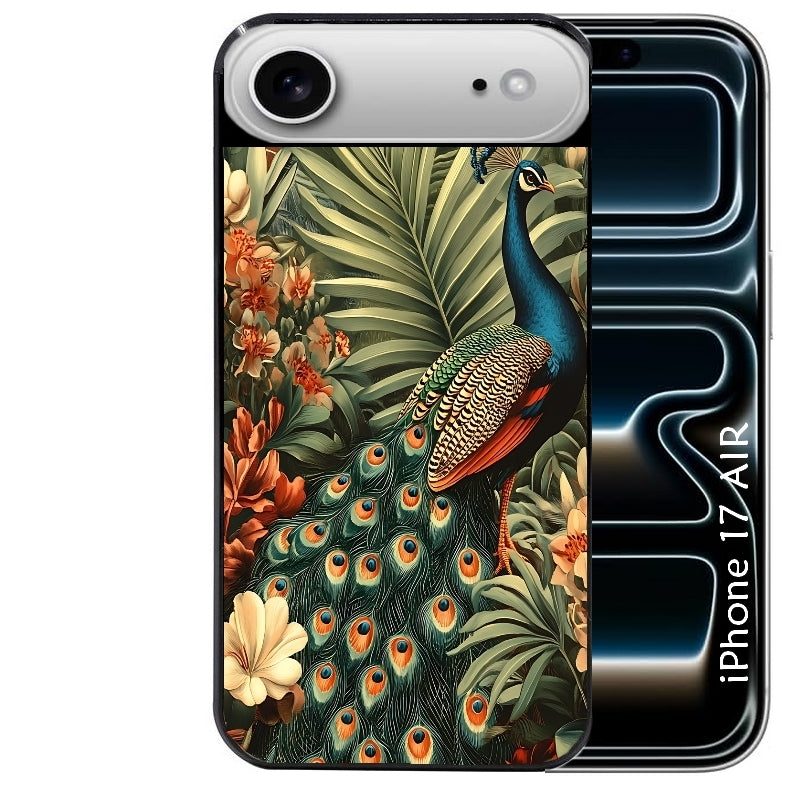 Coque noire taperso pour Iphone 17 17E AIR MAX PRO avec motif paon tropical protection antichoc personnalisée