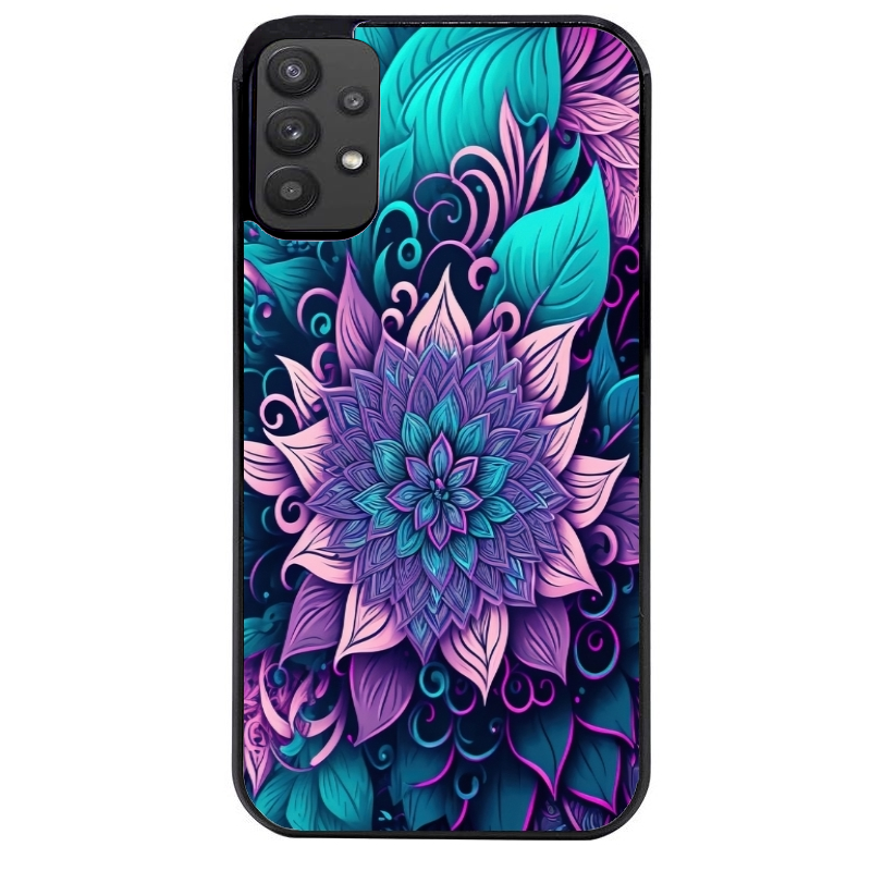 Coque noire taperso pour galaxy A22 A32 A52 A52S 4G 5G  avec motif tropical mandala et fleur violet protection antichoc personnalisée