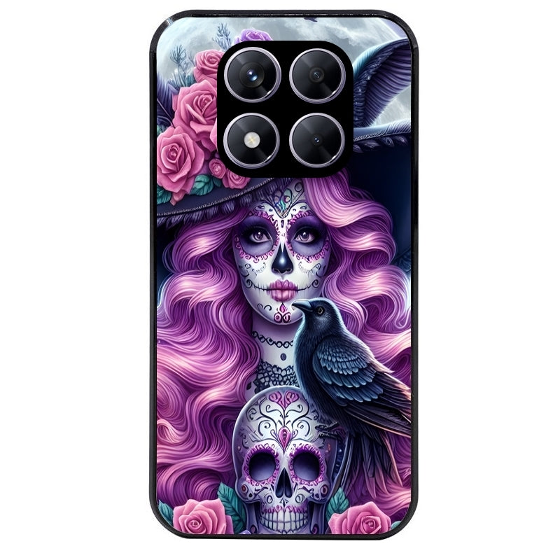 Coque noire taperso pour Redmi Note 14 et PRO PLUS 4G 5G avec motif tete de mort calavera et corbeau protection antichoc personnalisée