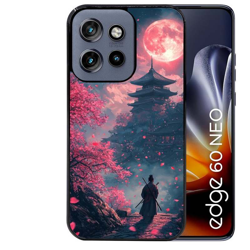Coque noire taperso pour Moto Edge 60 et Neo Fusion Pro avec motif samourai cerisier protection antichoc personnalisée