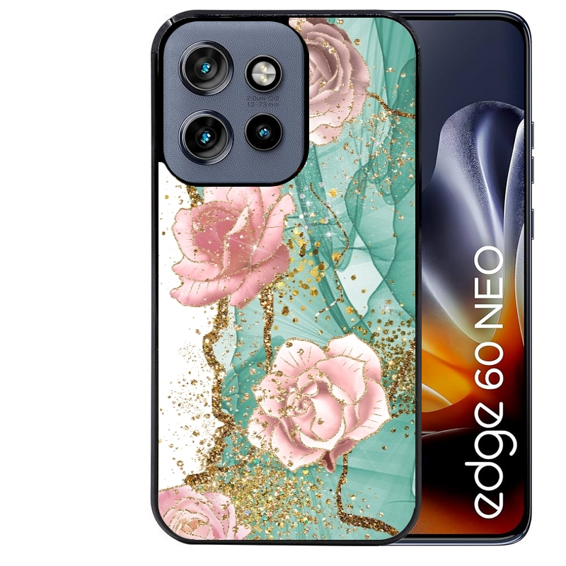 Coque noire taperso pour Moto Edge 60 et Neo Fusion Pro avec motif marbre fleur turquoise protection antichoc personnalisée