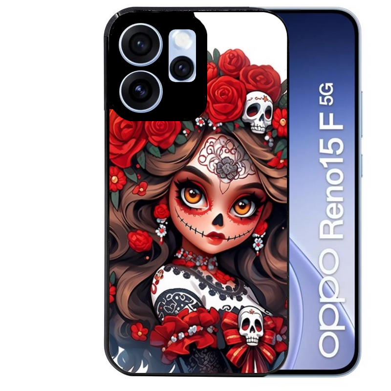 Coque noire taperso pour OPPO Reno 15 et F FS 5G avec motif tete de mort calavera rouge protection antichoc personnalisée