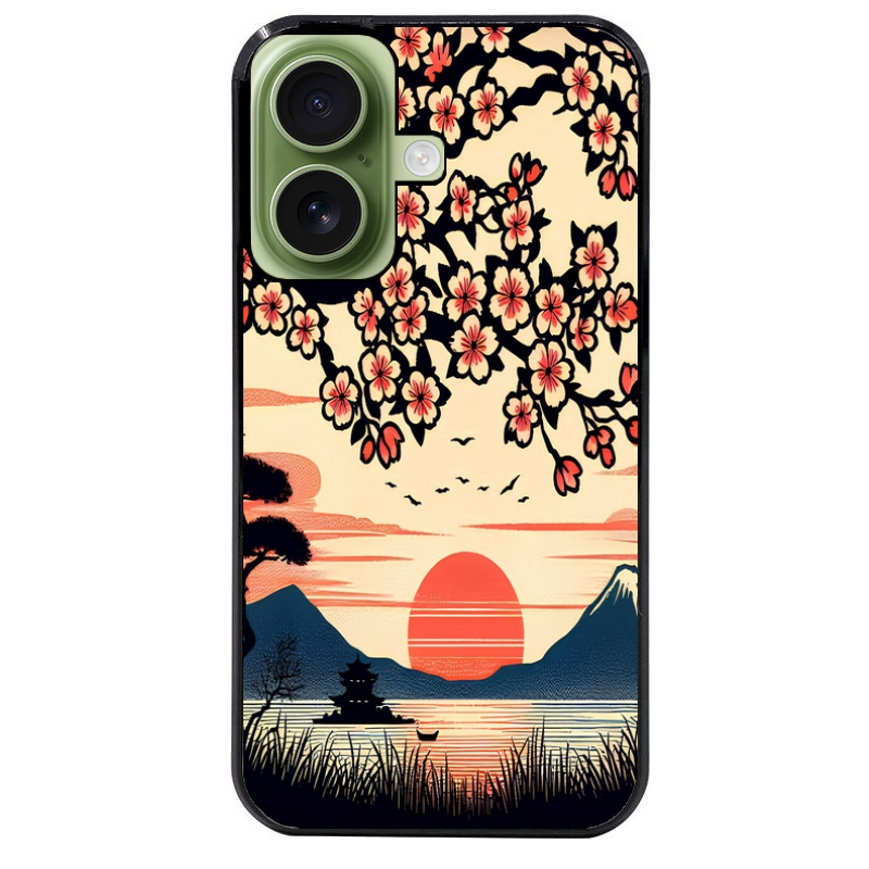 Coque noire taperso pour Iphone 16 16E PLUS MAX PRO avec motif japan cerisier protection antichoc personnalisée