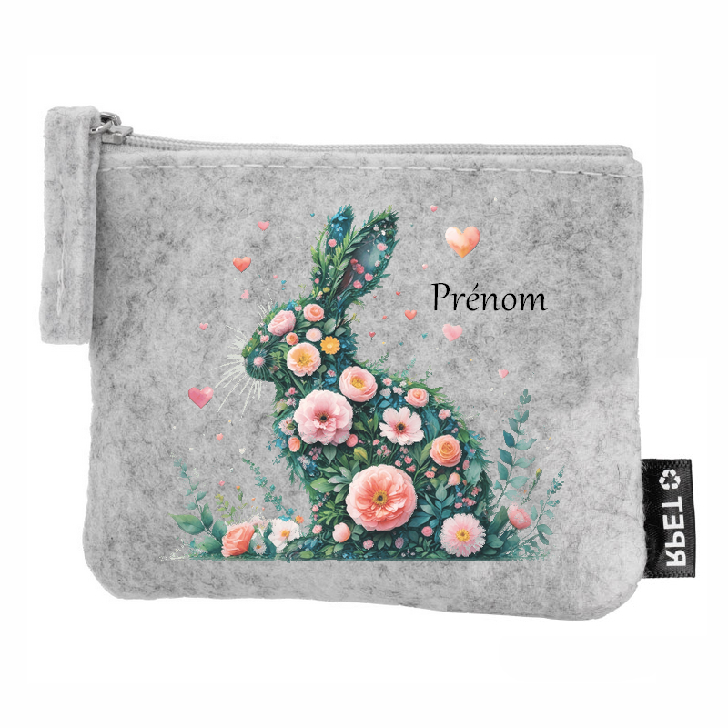 Porte monnaie personnalisé lapin fleurs en feutrine en feutrine