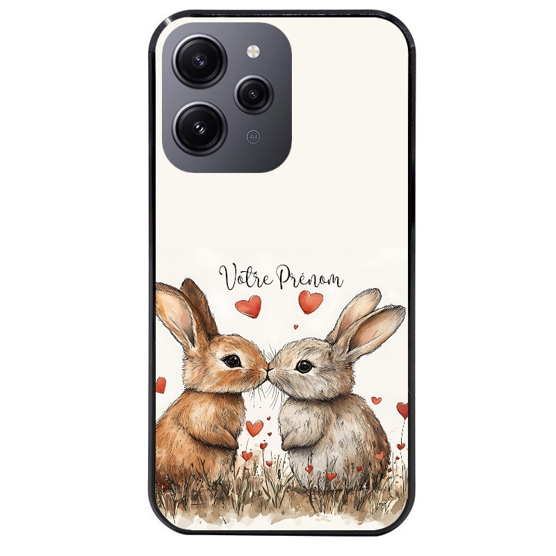 Coque noire taperso pour Redmi 12 4G et 5G avec motif lapin coeur avec prenom protection antichoc personnalisée