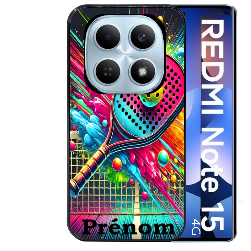 Coque noire taperso pour Redmi Note 15 et PRO PLUS 4G 5G avec motif padel raquette personnalisee protection antichoc personnalisée