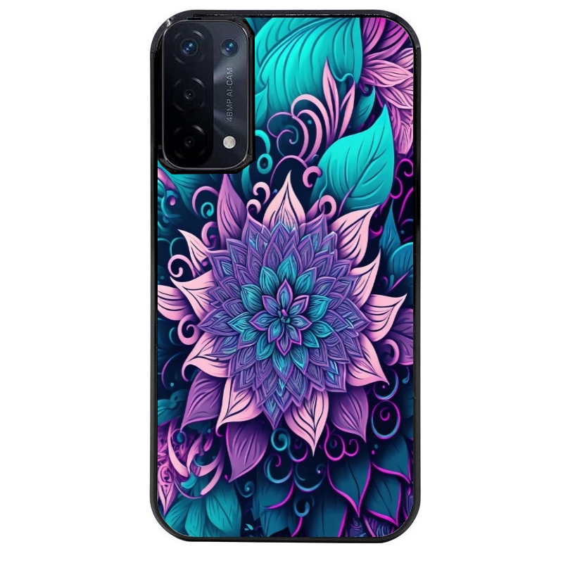 Coque noire taperso pour OPPO A54 et A74 5G avec motif tropical mandala et fleur violet protection antichoc personnalisée