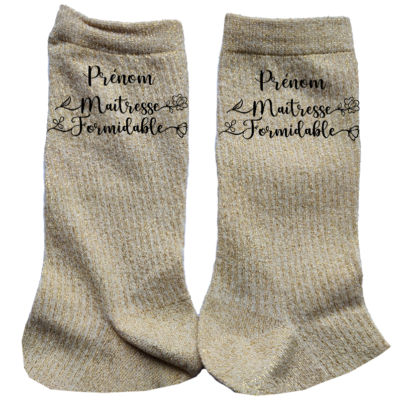 Chaussettes personnalisée paillettes doré motif maitresse formidable