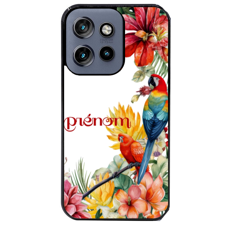 Coque noire taperso pour Moto Edge 60 et Neo Fusion Pro avec motif perroquet personnalisee protection antichoc personnalisée