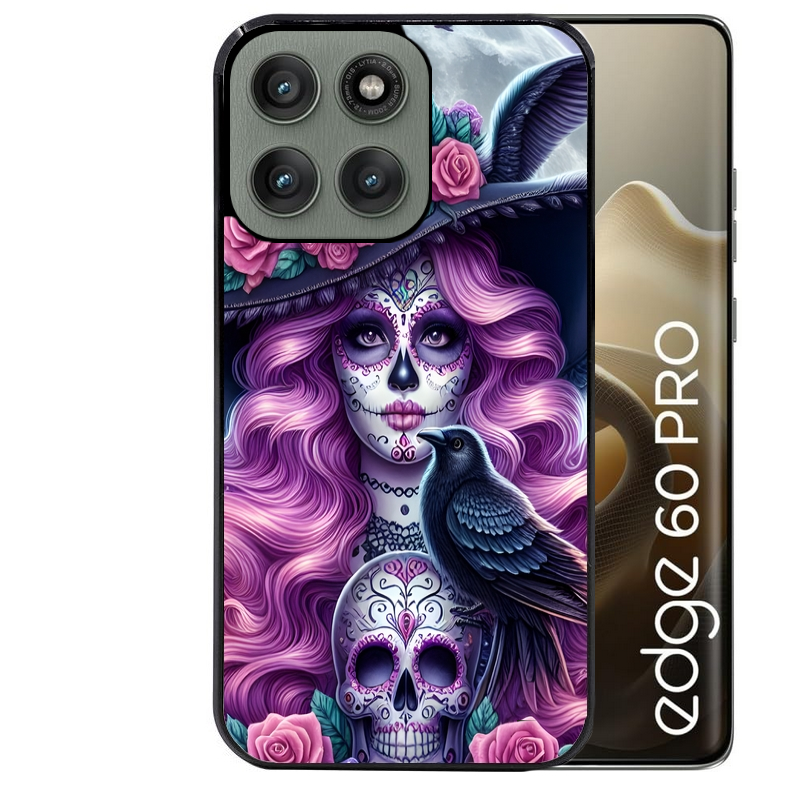 Coque noire taperso pour Moto Edge 60 et Neo Fusion Pro avec motif tete de mort calavera et corbeau protection antichoc personnalisée