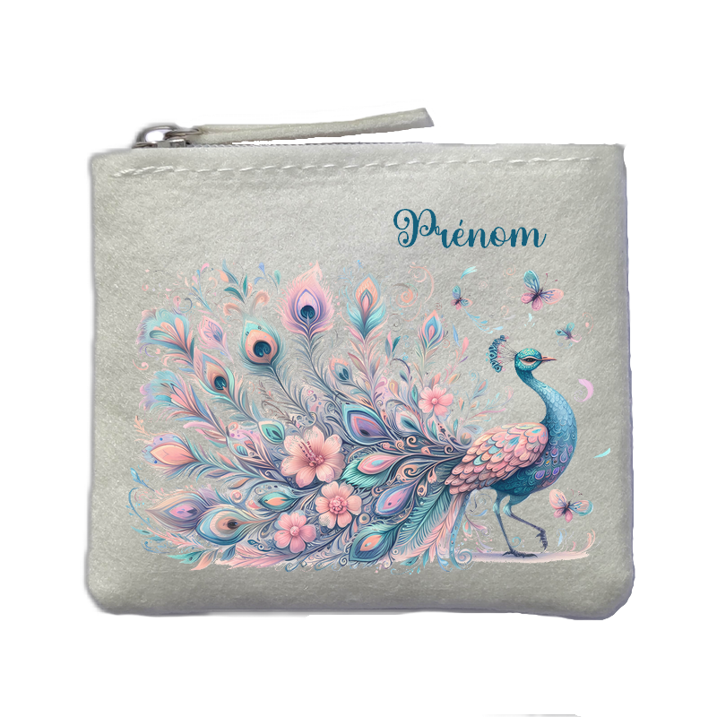 Porte monnaie personnalisé paon fleurs ivoire en feutrine en feutrine ivoire