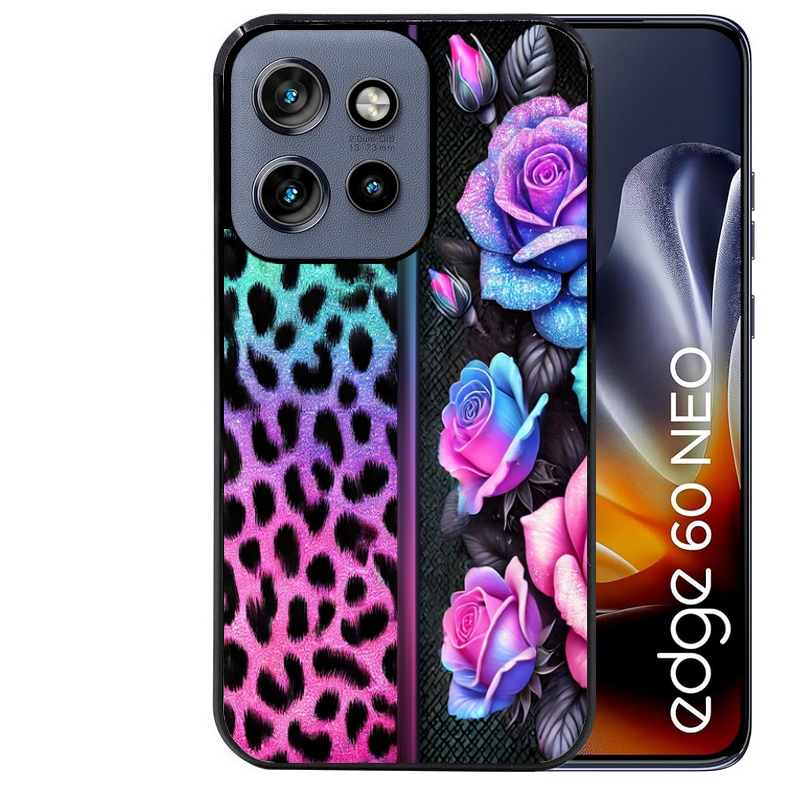 Coque noire taperso pour Moto Edge 60 et Neo Fusion Pro avec motif leopard et fleur protection antichoc personnalisée