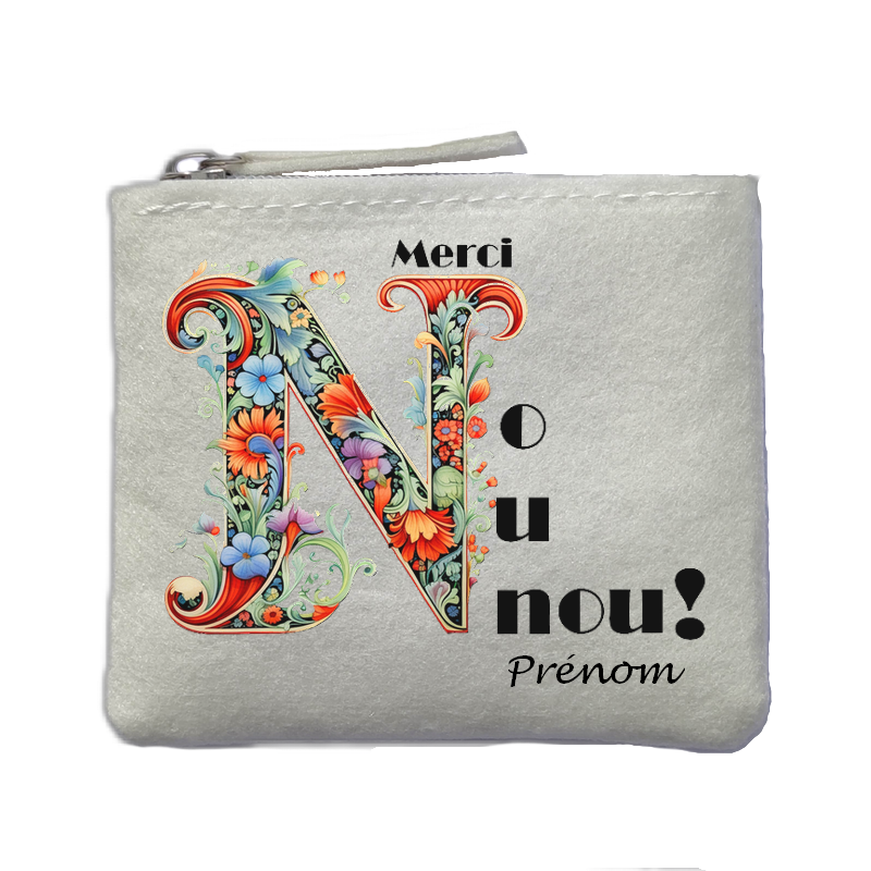 Porte monnaie personnalisé nounou merci fleurs ivoire en feutrine en feutrine ivoire