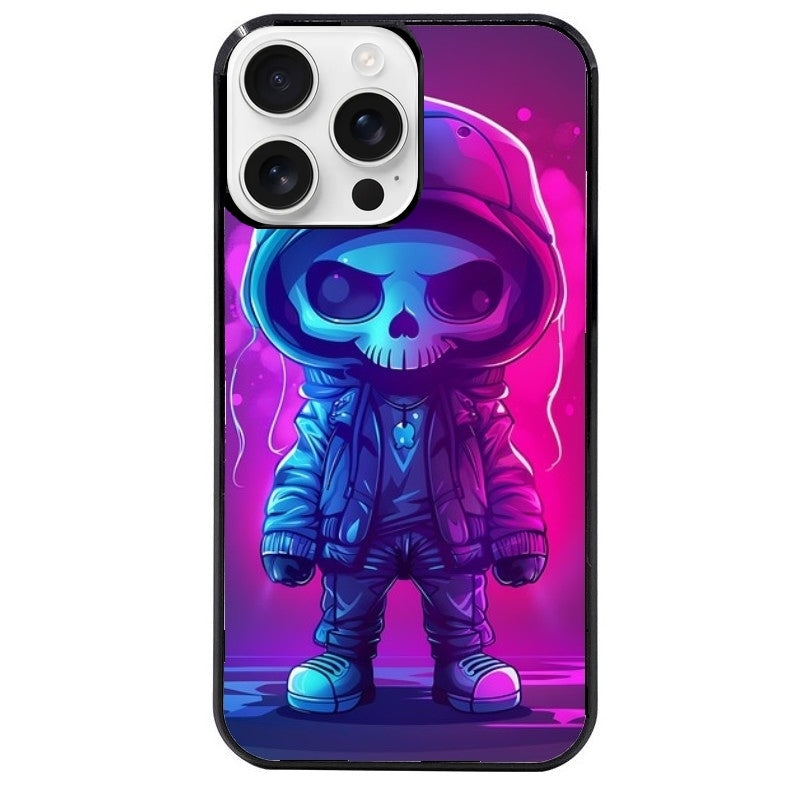 Coque noire taperso pour Iphone 16 16E PLUS MAX PRO avec motif tete de mort skull fluo protection antichoc personnalisée