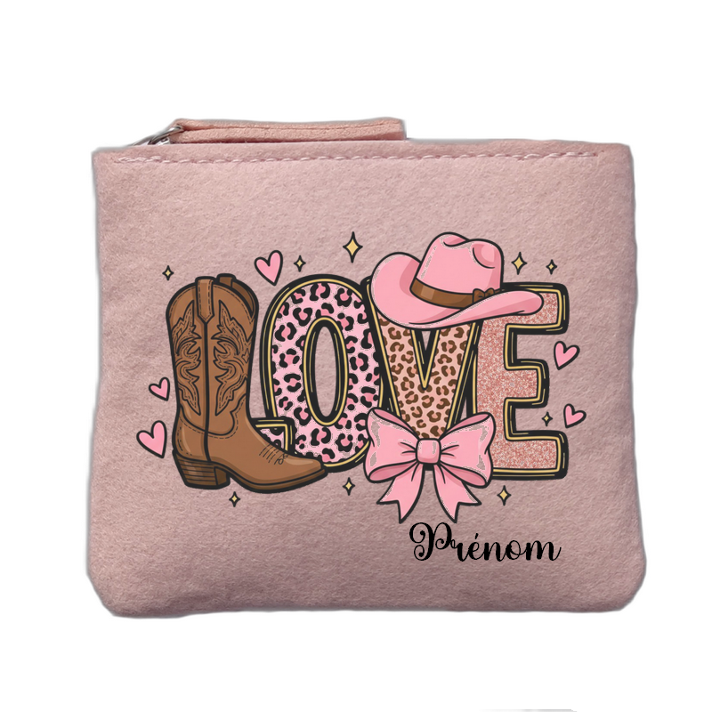 Porte monnaie personnalisé motif love western rose clair en feutrine en feutrine