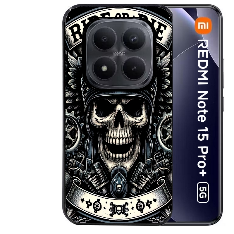 Coque noire taperso pour Redmi Note 15 et PRO PLUS 4G 5G avec motif mort motard protection antichoc personnalisée