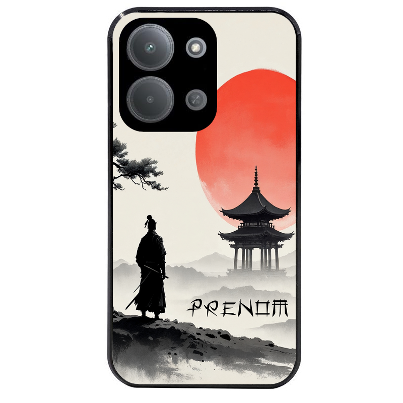 Coque noire taperso pour POCO C85 avec motif samourai et temple personnalisee protection antichoc personnalisée