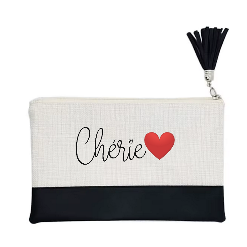 Pochette motif cherie et cœur en toile et simili cuir