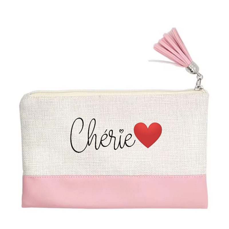 Pochette motif cherie et cœur en toile et simili cuir