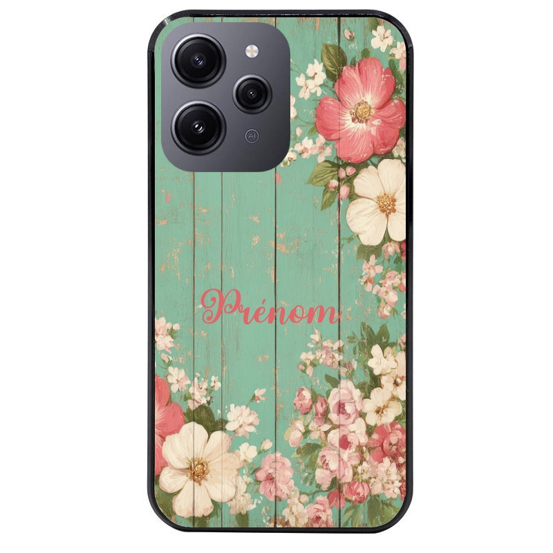 Coque noire taperso pour Redmi 12 4G et 5G avec motif bois et fleur avec votre prenom protection antichoc personnalisée