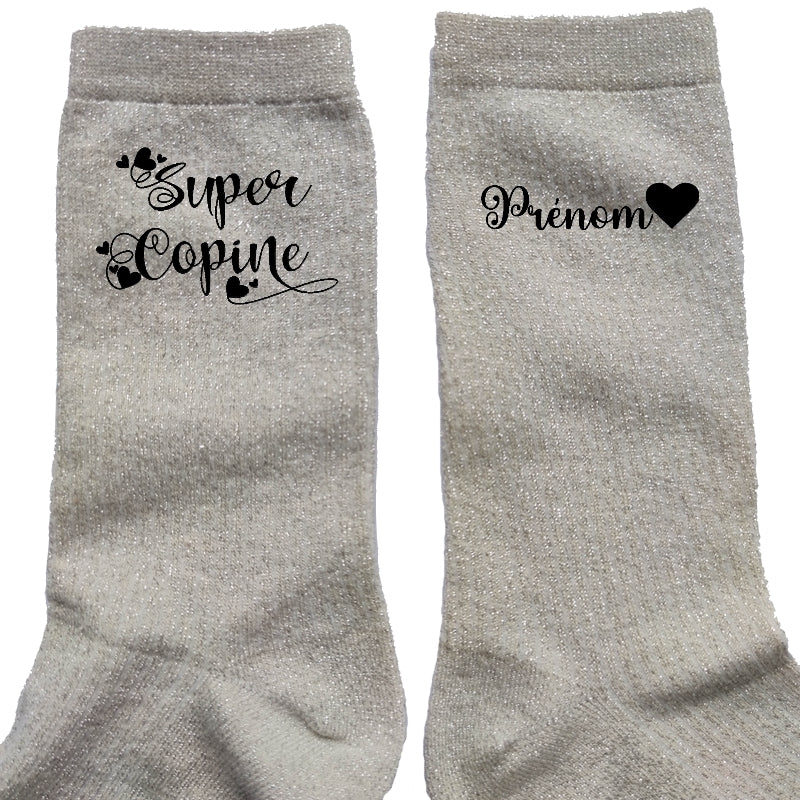 Chaussettes personnalisée paillettes crème motif super copine