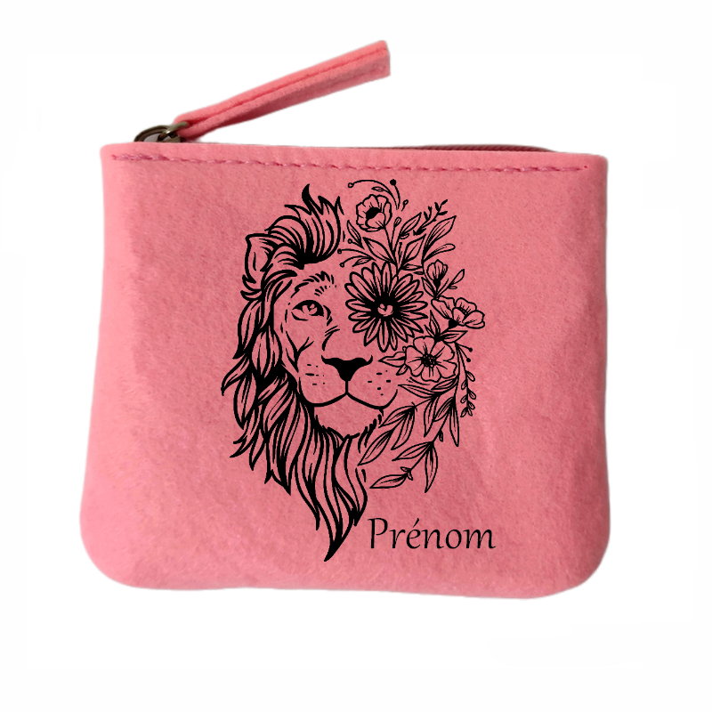 Porte monnaie personnalisé lion fleur en feutrine en feutrine