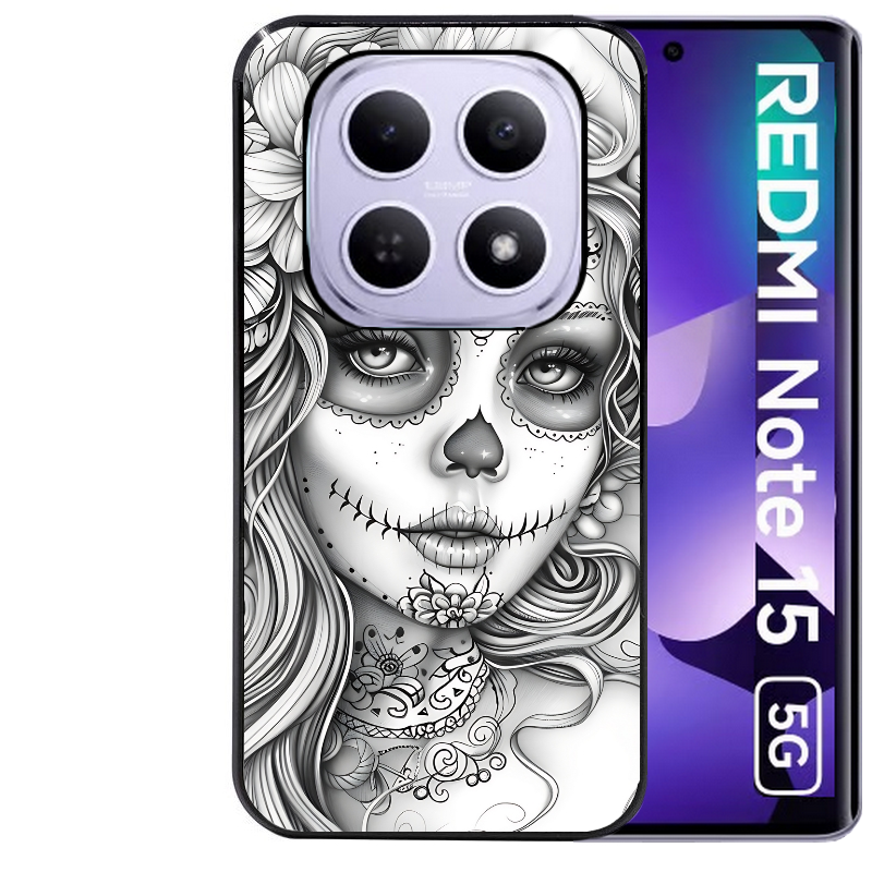 Coque noire taperso pour Redmi Note 15 et PRO PLUS 4G 5G avec motif mort calavera tatoo protection antichoc personnalisée