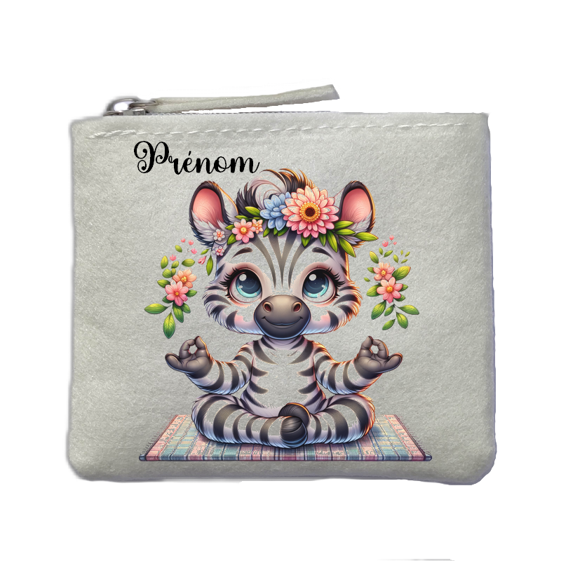 Porte monnaie personnalisé zèbre yoga ivoire en feutrine en feutrine ivoire