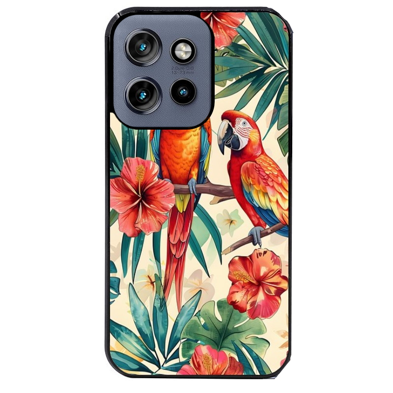 Coque noire taperso pour Moto Edge 60 et Neo Fusion Pro avec motif perroquet et fleurs protection antichoc personnalisée