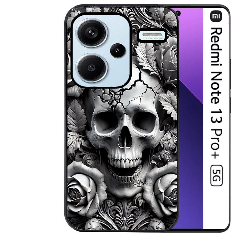 Coque noire taperso pour Redmi Note 13 PRO PLUS 5G avec motif tete de mort fleur protection antichoc personnalisée