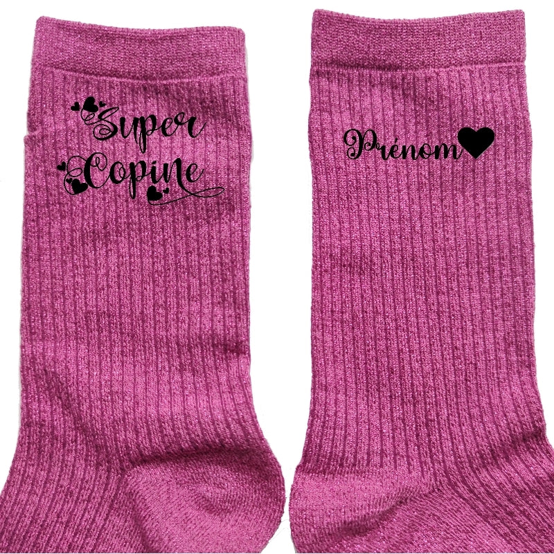 Chaussettes personnalisée paillettes rose motif super copine