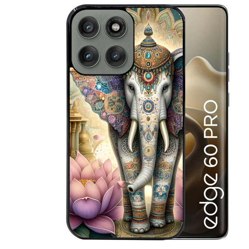 Coque noire taperso pour Moto Edge 60 et Neo Fusion Pro avec motif elephant et lotus protection antichoc personnalisée