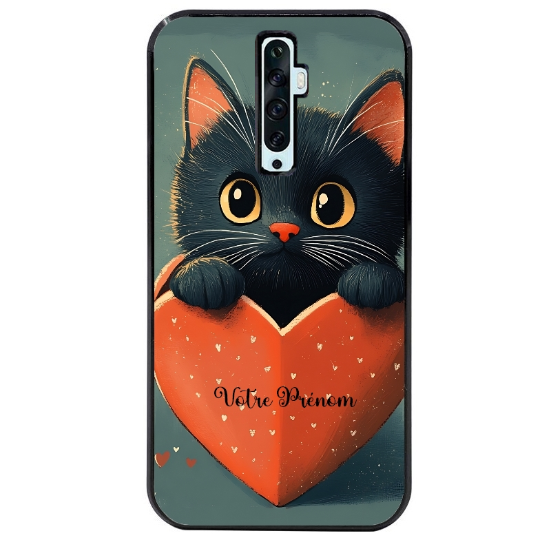 Coque noire taperso pour OPPO Reno 2 et 2Z avec motif chat et coeur avec prenom protection antichoc personnalisée