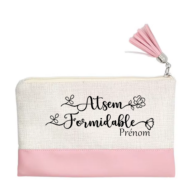 Pochette personnalisée motif Atsem formidable en toile et simili cuir personnalisée