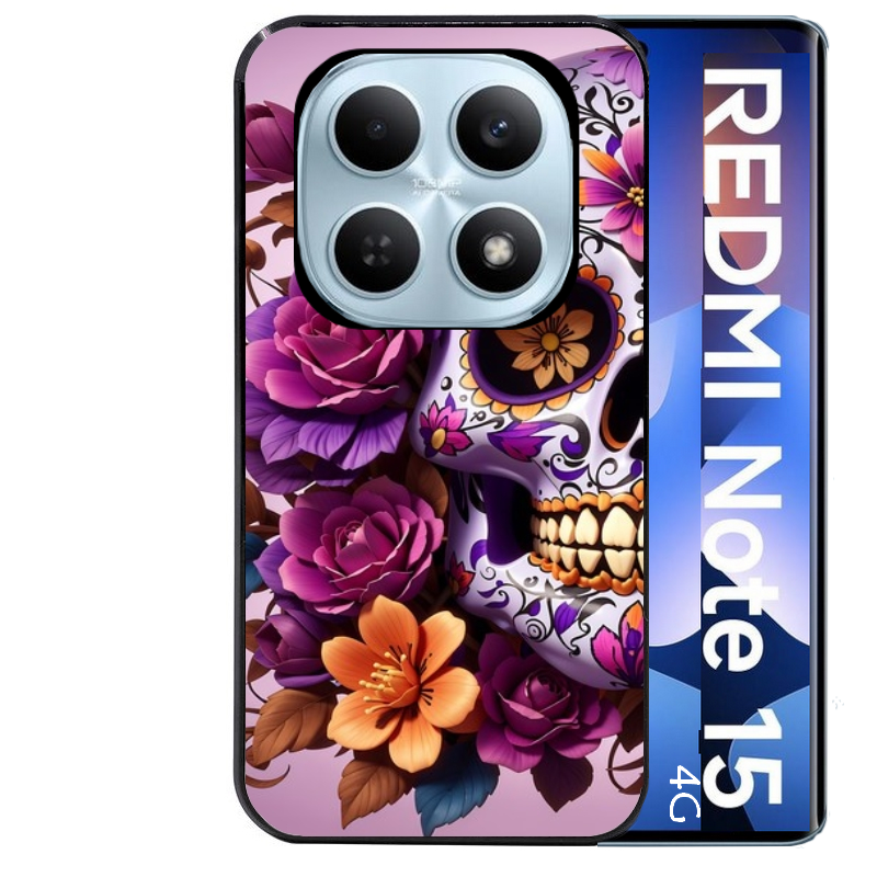Coque noire taperso pour Redmi Note 15 et PRO PLUS 4G 5G avec motif tete de mort calavera violette protection antichoc personnalisée