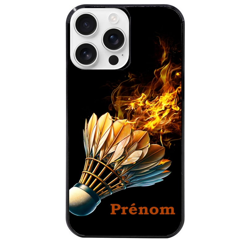 Coque noire taperso pour Iphone 16 16E PLUS MAX PRO avec motif badminton flamme personnalise protection antichoc personnalisée