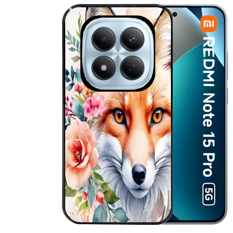 Coque noire taperso pour Redmi Note 15 et PRO PLUS 4G 5G avec motif renard fox et fleurs protection antichoc personnalisée
