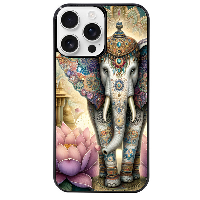 Coque noire taperso pour Iphone 16 16E PLUS MAX PRO avec motif elephant et lotus protection antichoc personnalisée