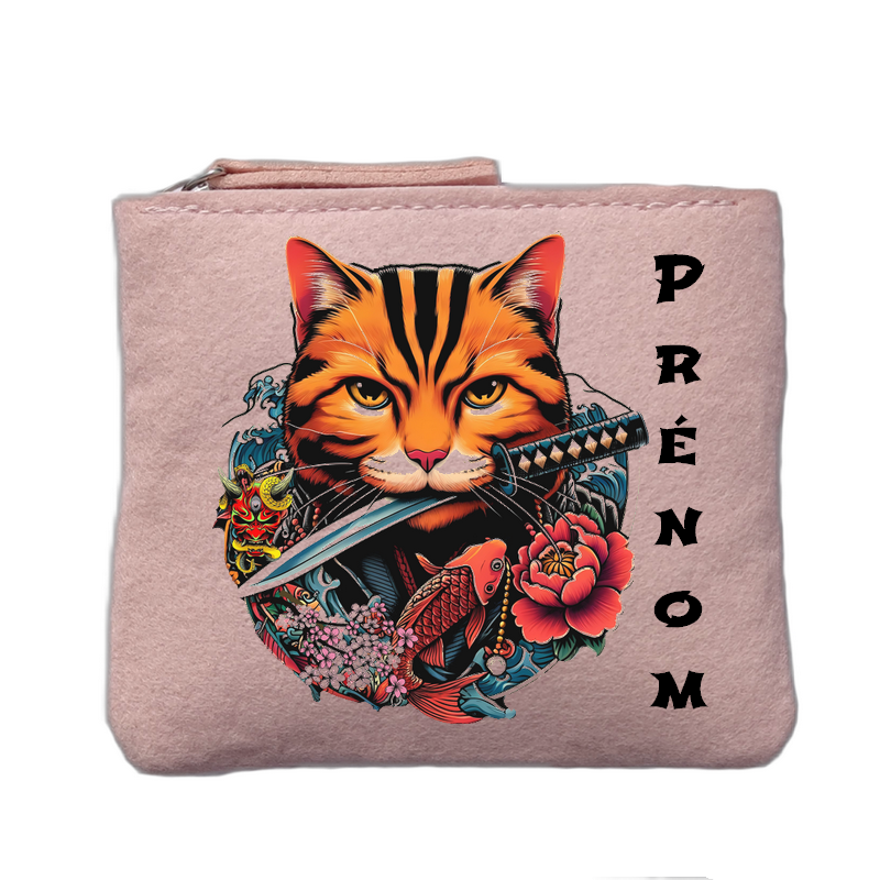 Porte monnaie personnalisé motif chat carpe koi rose clair en feutrine en feutrine