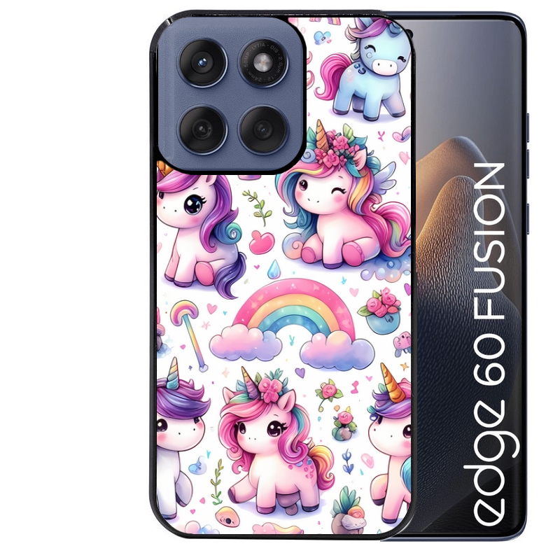 Coque noire taperso pour Moto Edge 60 et Neo Fusion Pro avec motif licorne arc en ciel protection antichoc personnalisée