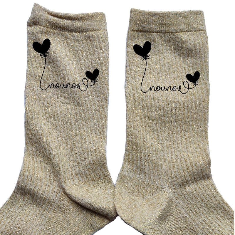 Chaussettes paillettes doré motif nounou et coeur