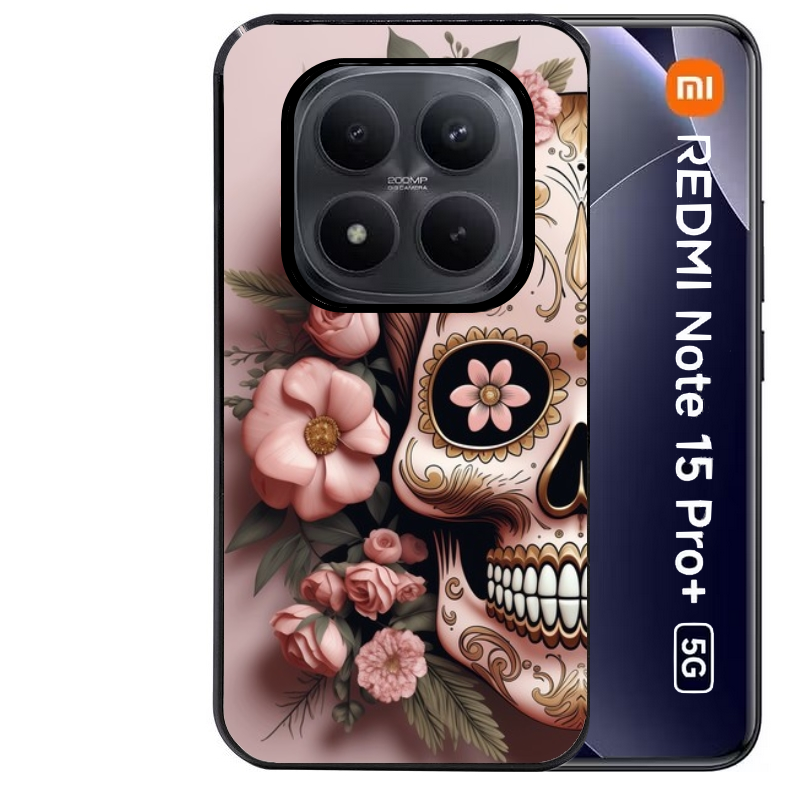 Coque noire taperso pour Redmi Note 15 et PRO PLUS 4G 5G avec motif tete de mort calavera rose protection antichoc personnalisée