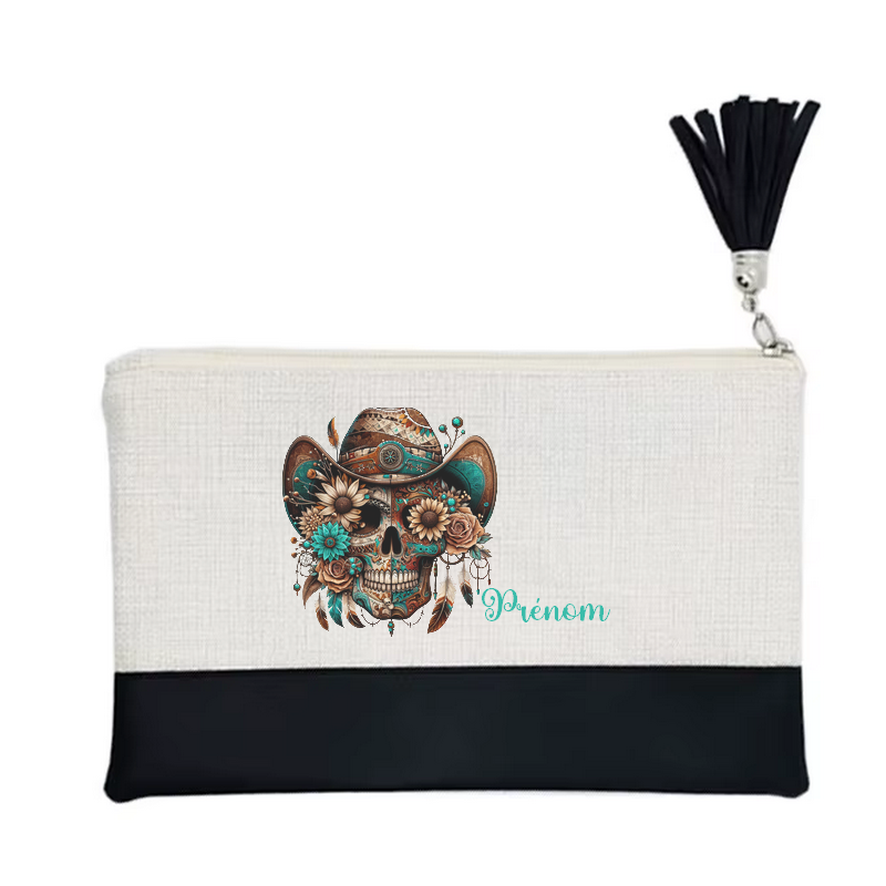 Pochette personnalisée motif tete de mort western en toile et simili cuir personnalisée