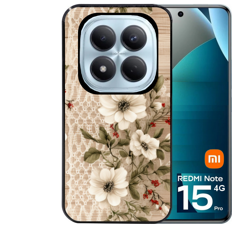 Coque noire taperso pour Redmi Note 15 et PRO PLUS 4G 5G avec motif bois et dentelle 2 protection antichoc personnalisée