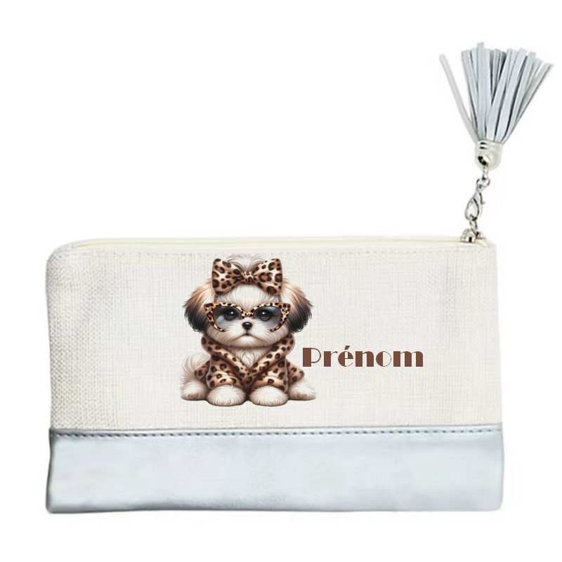 Pochette personnalisée motif chien leopard en toile et simili cuir personnalisée