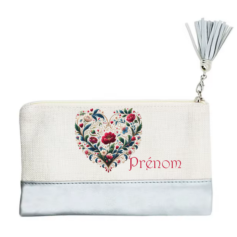 Pochette personnalisée motif cœur fleur en toile et simili cuir personnalisée