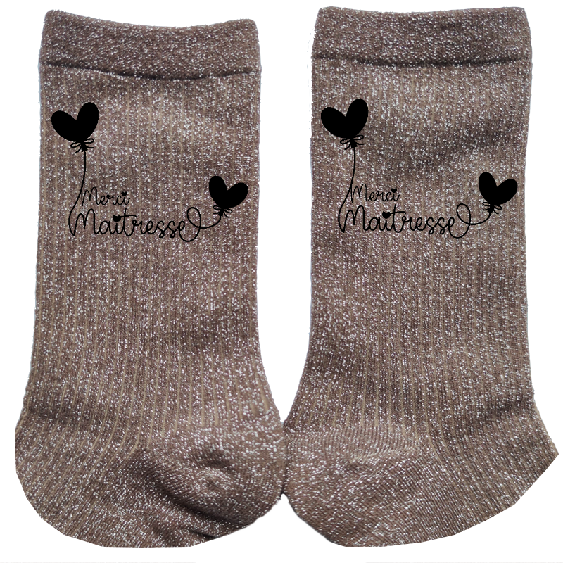 Chaussettes paillettes bronze motif maitresse merci