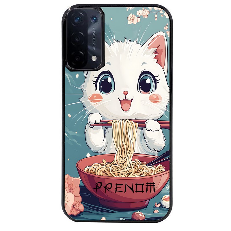 Coque noire taperso pour OPPO A54 et A74 5G avec motif chat ramen cerisier protection antichoc personnalisée