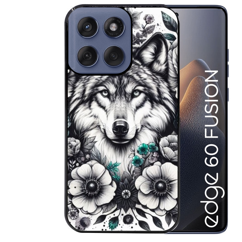 Coque noire taperso pour Moto Edge 60 et Neo Fusion Pro avec motif loup et fleur protection antichoc personnalisée