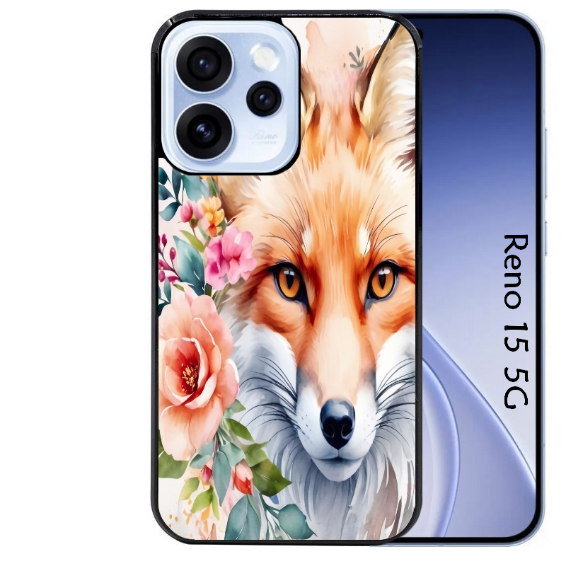 Coque noire taperso pour OPPO Reno 15 et F FS 5G avec motif renard fox et fleurs protection antichoc personnalisée